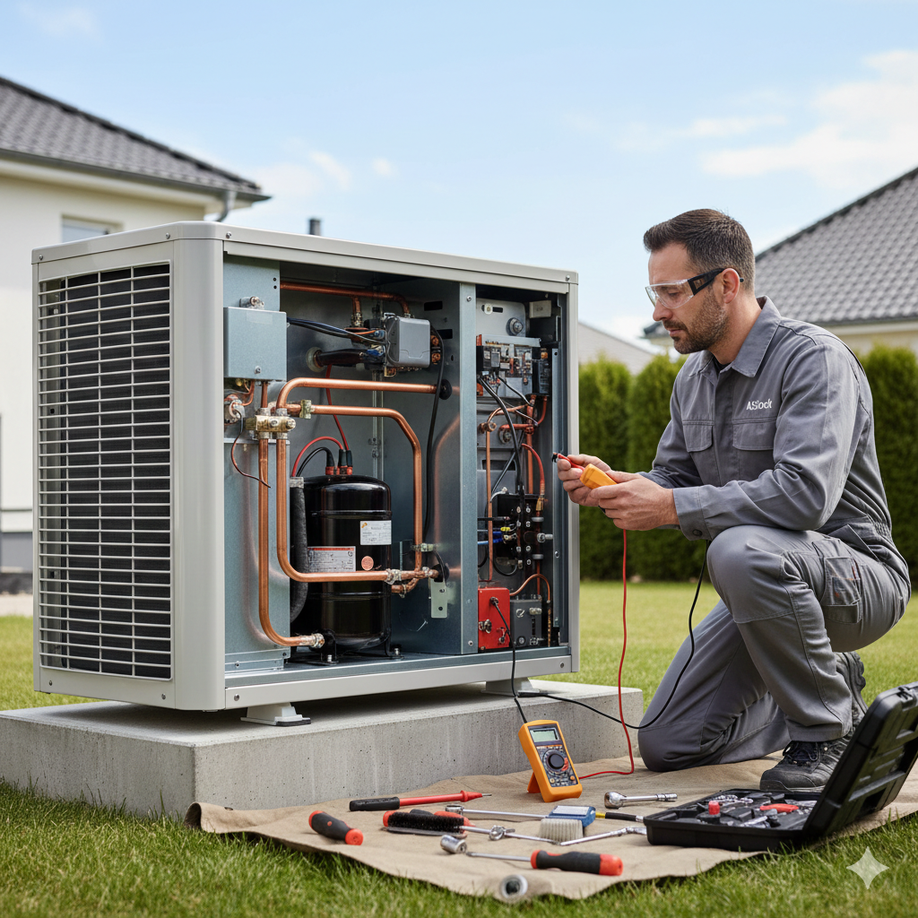 Technieker onderhoudt warmtepomp